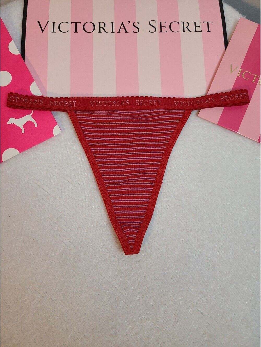 VTG Victoria's Secret Signature Cotton V-string Thong Panty Size M Stripes